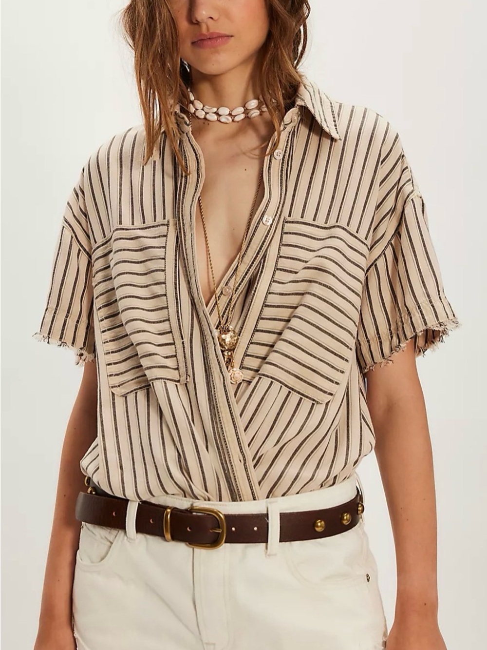 We The Free Christopher Shirt Oversize XS-S Cotton Linen Stripe Button Down RARE